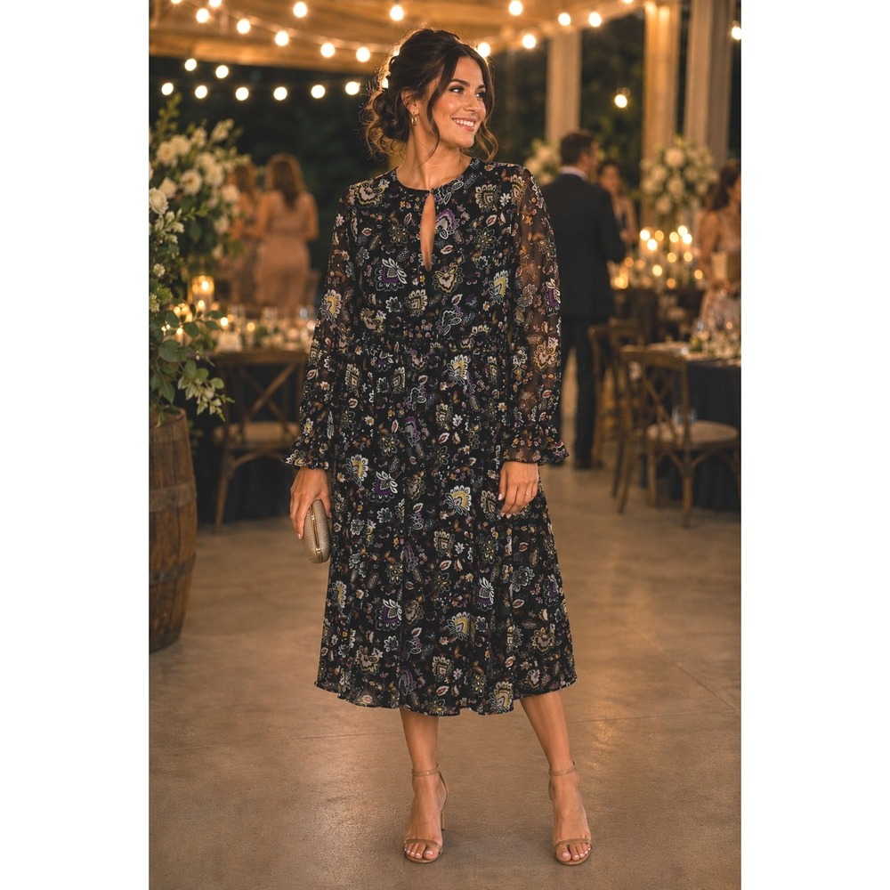 Torrid Black Floral Paisley Midi Dress Long Sheer Sleeves Wedding Boho Party 0